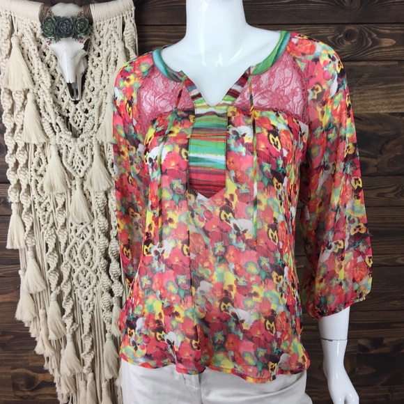 Fig & Flower | Floral Lace‎ Mesh Blouse Tie Front Top Sheer - Picture 4 of 7